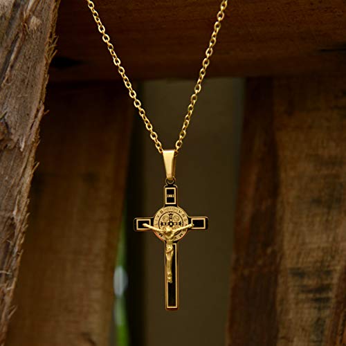 Catholic Town Saint Benedict Crucifix Pendant Stainless-Steel metal Available in Gold and Silver colors