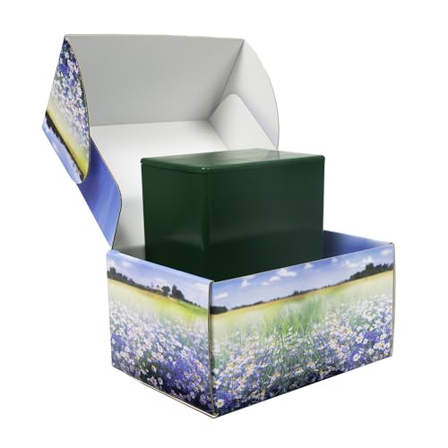 Mainely Urns Meadow Themed TSA Approved Fly-Safe and Temporary Travel Cremation Urn Kit for Human Ashes - Airline and Mail Friendly - 200 Cubic Inch Capacity - Green Plastic Urn with Floral Mailing