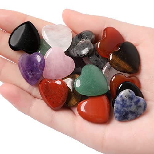 10PCS Heart Shape Crystals Healing Stone Set Bulk Natural Love Heart Amethyst Rose Quartz Carnelian Tiger Eye Obsidian Labradorite Palm Reiki Meditation Crystal Gifts for Women 0.8" Multicolor-10pcs