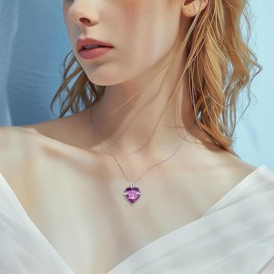 Q&D&S Crystal Urn Necklace for Ashes, Heart Birthstone Memorial Cremation gift Jewelry for Women purple