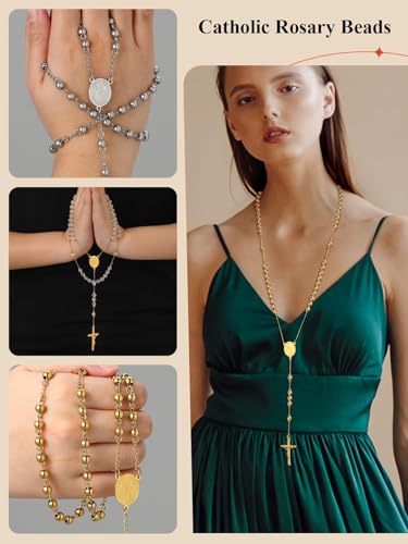 FaithHeart Rosary Beads Catholic Necklace for Men, St Michael/St Christopher/Virgin Mary Prayer Rosaries with Crucifix Cross Stainless Steel Praying Rosary Necklace Saint Michael-Gold Steel Bead