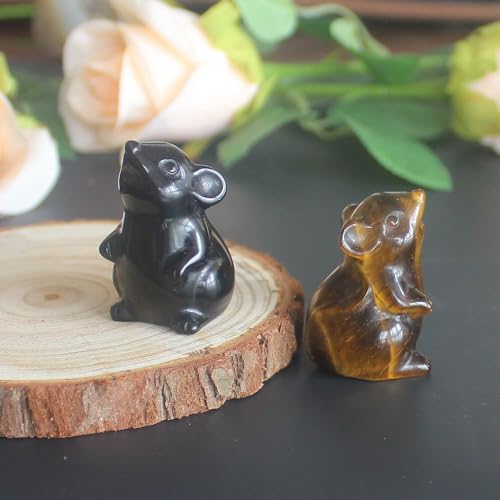 Hand Carved Mixed Gemstone Crystal Mouse Rat mice Figurine Animal Carving Statue Office Home Decor 1.5'' (Gold+Black) Gold+black