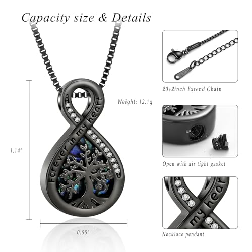 XSMZB Infinity Cremation Jewelry for Ashes for Women Men Tree of Life Urn Necklace for Human Pet Abalone Shell Memorial Ash Pendant Black