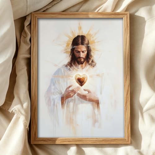RZIGERNO Sacred Heart of Jesus Wall Art, 12x16 Inch Wood Framed Wood Frame Sacred Heart of Jesus Wall Art 16"L x 12"W