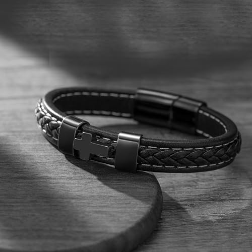 RIPFEVURN Cross Cremation Jewelry Black Urn Bracelet for Ashes for Women Men Memorial Ashes Leather Cuff Bangle Bracelet 8.66"