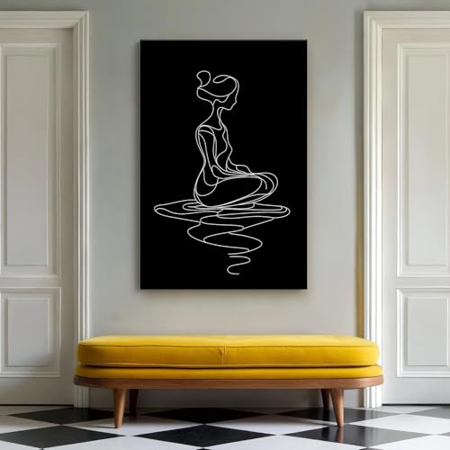 CCCHCY Minimalist Black and White Line Canvas Wall Art, Abstract Modern Zen Art Print, Meditating Woman Wall Decor, Serene Yoga Pose Artwork, Spiritual Home Décor for Living Bedroom, 16" x 24" Line Girl Wrapped Canvas 24"L x 16"W