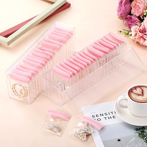 Kenning 42 Pcs Acrylic Jewelry Case Organizer, Clear Jewelry Organizers Holder with Portable Anti Tarnish Storage Bags for Rings, Earrings, Necklaces, Ideal Gifts for Women (Pink) Pink