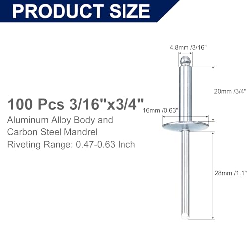 uxcell 100-piece 3/16 x 3/4 inch aluminum blind rivets with steel mandrels, silver large flange fasteners