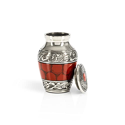 Small Keepsake Cremation Urns for Human Ashes with Velvet Heart Case and Funnel - Crimson : Deep Red Brass Hand Engraved Mini Memorial Urn Red/Crimson Small Keepsake Urn