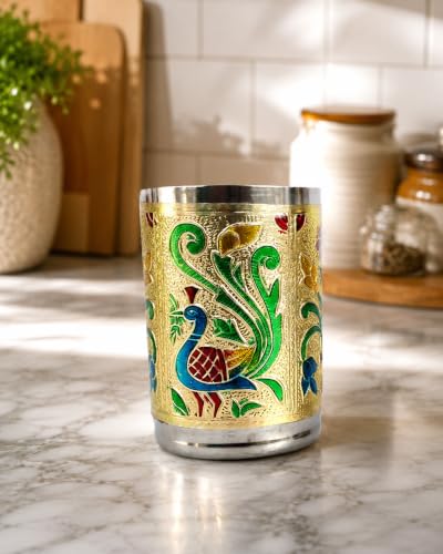 Rastogi Handicrafts Set of 6 Stainless Steel Glass Indian Handmade Meena Patchwork Peacock Design Golden Silver Color Diwali Christmas Tumbler Gift Set item (Golden)