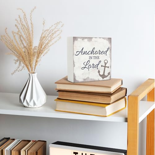 Nautical Wooden Sign 5x5 - Nautical Decor, Anchor Wood Sign for Home Bathroom Nursery, Anchored in the Lord