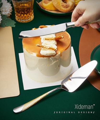 Xideman 7-piece hammered stainless steel serving utensil set with gold and silver finishes, includes forks, spoons, and tongs.
