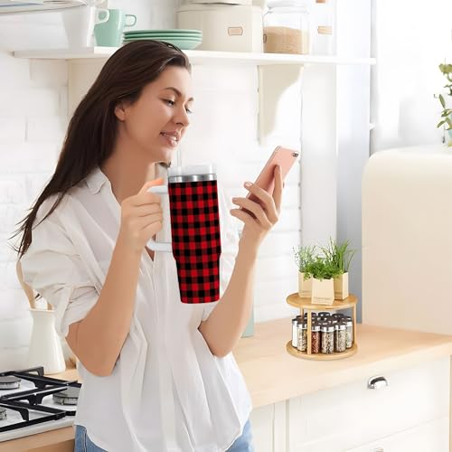Red and Black Plaid Xmas Check Tumbler with Handle and Straw Leak Proof Tumbler 2 in 1 Lid Insulated Water Bottle Tumblers Stainless Steel Cup Large Travel Mug Cups, Gifts for Women Man, 40oz Red and Black Xmas Plaid 40 Ounces