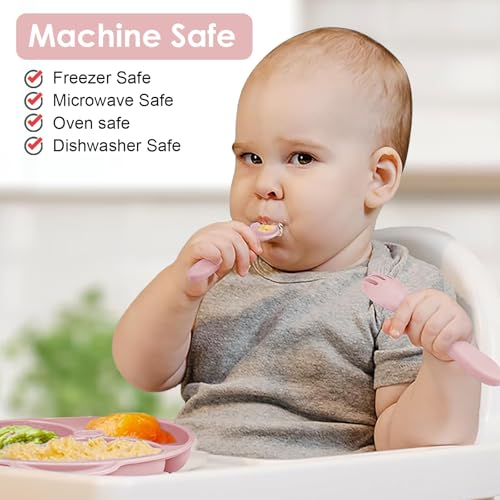Silicone Baby Feeding Set, 14 Pcs Baby Led Weaning Supplies, Baby Spoons & Forks Suction Bowl Divided Plate Bib Cup, First Stage Solid Food Eating Utensils - 6+ Months (Light pink) Light Pink