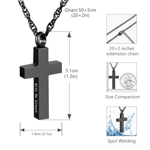 Cremation Cross Necklace for Ashes Stainless Steel Cross Urn Pendant Ashes Holder Memorial Jewelry-With Me Always With Me Always-Black-Gift Box