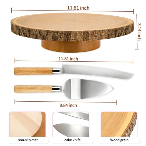 12" Wood Cake Stand with Cake Cutting Set (Knife and Server) - Rustic Wooden Cake Holder for Decorating, Party, Wedding, Baby Showers, Reception, Event - Ideal Baking Gift & Home Decor