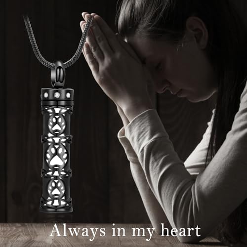Minicremation Paw Print Cremation Jewelry for Ashes Pet Stainless Steel Cylinder Urn Vial Pendant Necklaces Celtic Knot Paw Print Ash Keepsake Jewelry for Women Men Black