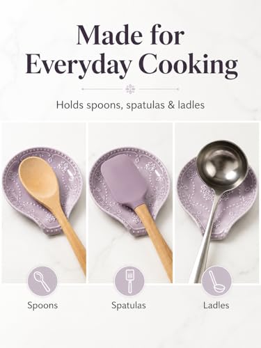Lavender Purple Ceramic Spoon Rest for Kitchen Counter, 5.7" Floral Butterfly Embossed Spoon Holder for Stovetop, Dishwasher Safe Heat Resistant Utensil Rest, Farmhouse Kitchen Decor Gift, 2 Pcs
