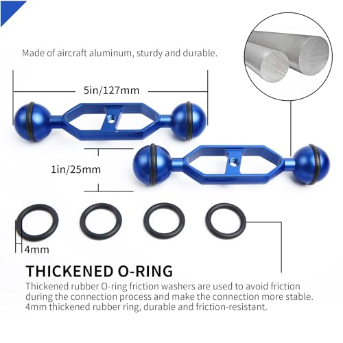 Blue 5" Underwater Aluminum Alloy Extension Arm (2-Pack) - Dual Ball System with 1" Head Connector, Waterproof & Rustproof for Diving Camera Tray/Strobe/Video Light, Scuba Photography Gear 5" Extension Arm Blue