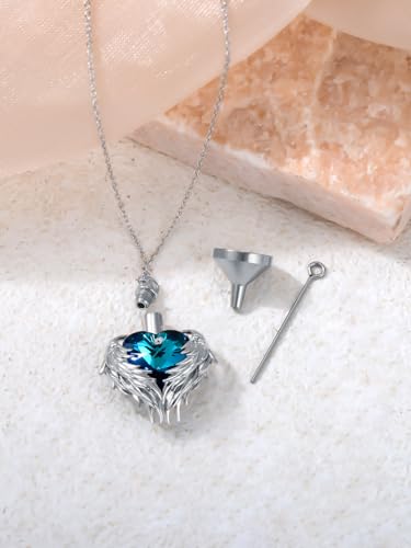 Angel Wing Urn Necklace for Ashes 925 Sterling Silver Amethyst Heart Cremation Necklace w/Funnel Filler Jewelry Gifts for Women