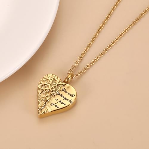 Tree Of Life Urn Necklace For Ashes For Women Girls Mom Stainless Steel Heart Cremation Jewelry For Ashes Of Loved Ones Keepsake Memorial Pendant Gold