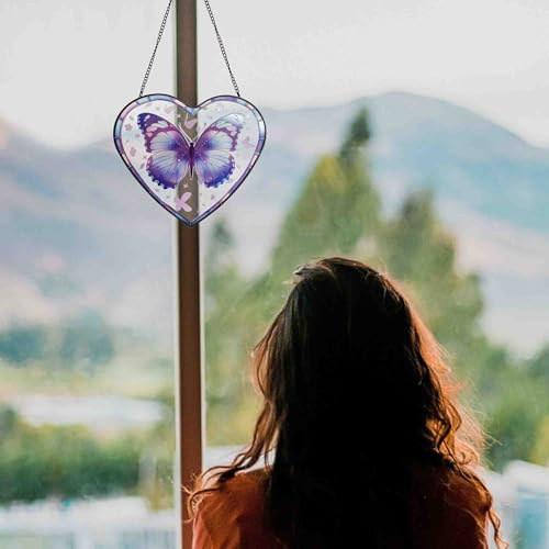 Purple Butterfly Stained Glass Window Hanging, Butterfly Suncatcher Window Wall Garden Decor with Chain, Heart Suncatchers Gift for Women, Mom, Wife, Aunt, 7.9 in Bible Verses