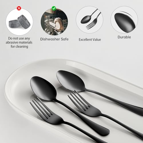 Black stainless steel serving set with 12 forks and 12 spoons, dishwasher safe, 24-piece MNLWSP black silverware set.