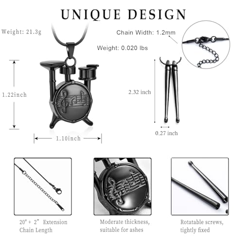 Hearbeingt Drumsticks & Drum Urn Necklace for Ashes Music Cremation Jewelry Black