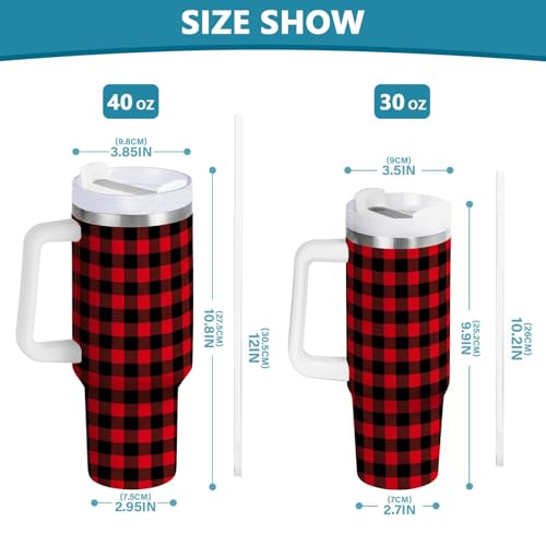 Red and Black Plaid Xmas Check Tumbler with Handle and Straw Leak Proof Tumbler 2 in 1 Lid Insulated Water Bottle Tumblers Stainless Steel Cup Large Travel Mug Cups, Gifts for Women Man, 40oz Red and Black Xmas Plaid 40 Ounces