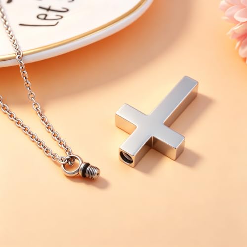 In Loving Memory Engraved Cross Cremation Necklace - Stainless Steel Memorial Urn Pendant for Ashes, Faith-Based Keepsake Jewelry for Loved Ones Silver
