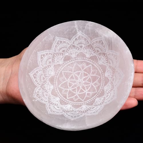 AMOYSTONE Natural Selenite Charging Bowl with Mandala Engraving 5.5'' Energy Cleansing Crystal Plate for Healing Meditation and Spiritual Home Decor Round Mandala A 5.5 inches