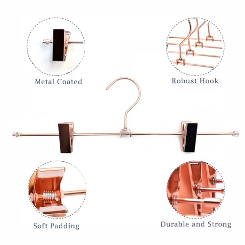 13.8" Rose Gold Pants Clothes Hangers, 10 Pack Trouser Hangers with Clips Metal Trouser Clip Hangers,Heavy Duty Metal Wire Adjustable Clips Bottom Trousers Legging Organizer
