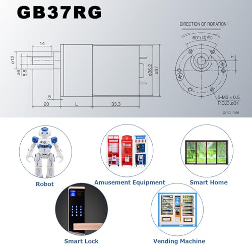 DC 12V 1000RPM Gear Motor High Torque Electric Micro Speed Reduction Geared Motor Eccentric Output Shaft 37mm Diameter Gearbox 1000 RPM 12 Volt