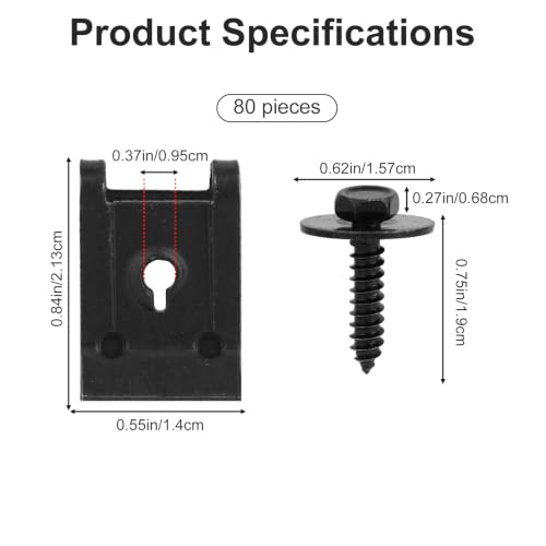 Goktvai M4.2 universal fender liner screw and U nut clip kit, 80-piece screw and bolt assortment set
