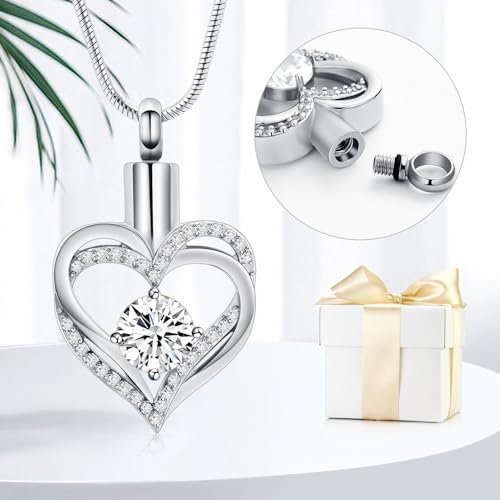 Cremation Jewelry Heart Urn Necklace for Ashes for Women Gilrs Memorial Keepsake Birthstone Pendant Silver-White