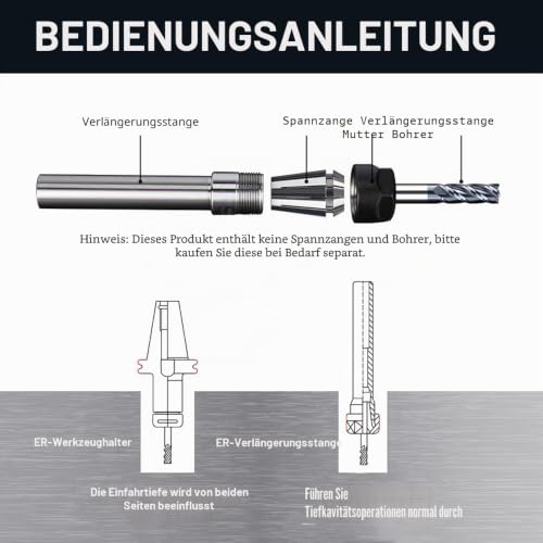 Milling Cutter Extension, C10‑ER11A‑150L 150 mm Collet Extension, ER11 Collet Chuck with Key, Clamping Range 1-7 mm C10-er11a-150l
