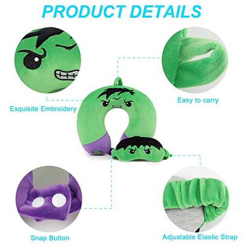 Superhero Travel Pillow for Kids & Adults with Sleep Eye Mask, Memory Foam U-Shaped Neck Pillow with Washable Cover, Soft Head Support Travel Accessories for Airplane Car Train Bus Recline, Green Green Set