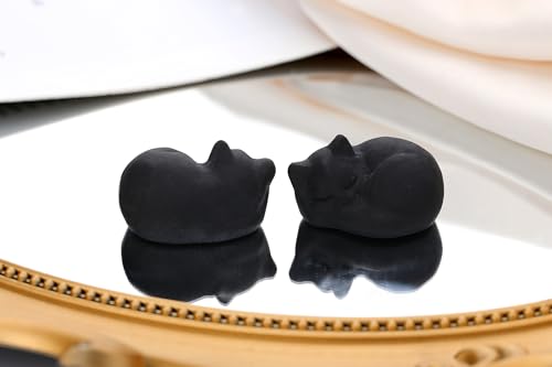 QINJIEJIE Black Obsidian Cat Crystals Decor Matt Sleeping Cat Statue Gifts H-black-matt Obsidian 1.5 inches