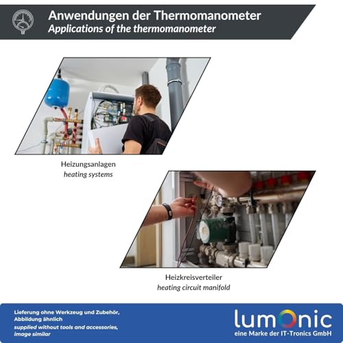 Lumonic Thermomanometer 4 bar 0-120 °C | 1/4 + 1/2 inch (adapter) | connection bottom | diameter 80 mm, large scale | heating pressure gauge | metal housing 80 mm, bottom 0-4bar