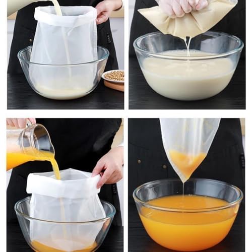 DEANKEJI Press Bag, Pack of 10, Nylon Filter Bag with Drawstring, White, Washable | High-quality nylon, fine mesh net and drawstring, tear-resistant, washable, for juice, soy milk, nut milk, vegetables