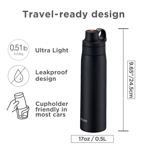 Tiger Vacuum Insulated Water Bottle with Stainless Steel Straw,16.9 oz (0.5L), [For Cold Drinks Only], Leak-Proof Lid, MCS-A050KM, Matte Black 16.9 Ounces