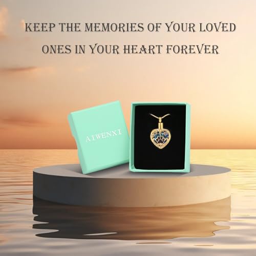 Heart Urn Necklace For Ashes Birthstone Pet Memorial Jewelry Dog Paw Print Cremation Pendant Stainless Steel Keepsake Gift For Pet Lovers Gold blue