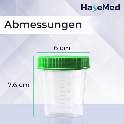 3 x HaseMed Premium Urine Cup Sample Cup | 125 ml, Screw Cap Lid, Green, Graduated up to 100 ml, Leak-Proof, Writeable, Freezable 3