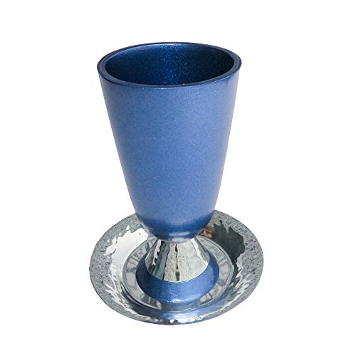 EMANUEL Yair Kiddush Cup in anodized blue aluminum with hammered finish, designed for traditional Kiddush ceremonies.