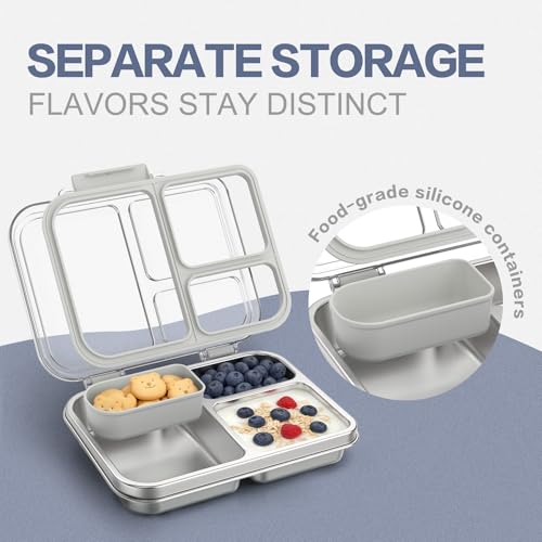 Stainless Steel Bento Box for Kids, 3-Compartment Metal Lunch Box with Clear Lid & Removable Silicone, Lunch Box Kids with Silicone Inner Container for Meal Prep, School, Office (Grey) Grey