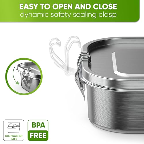 Blockhütte Stainless Steel Lunch Box for Adults I 47oz I Bento Box 3 Compartments with free Sealing, Leak-Proof Container, Metal Lunchbox for Travel, Work, Eco-Friendly Meal Storage Solution Silver