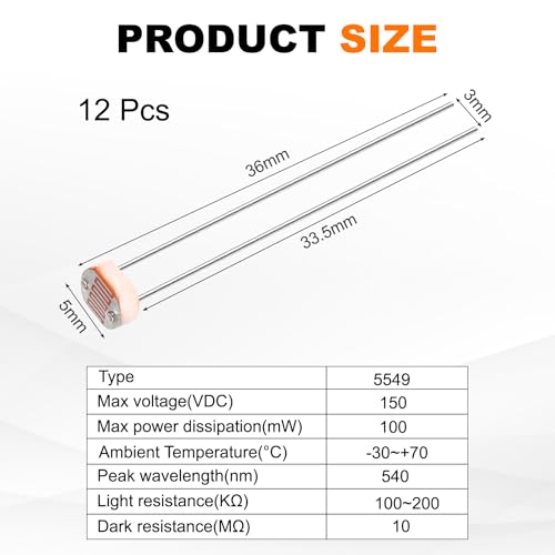 sourcing map 12 Pieces Photoresistor Kit 5mm Light Dependent Resistor (LDR) Light Sensitive Resistor Passive Components for DIY Industrial Experiments, GL5549 100~200KΩ