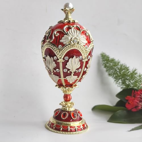 Enamel Big Pearl Easter Egg Figurine Jewelry Box Faberge Egg Hand Painted Trinket Container Ornamental For Home & Office Decor Red