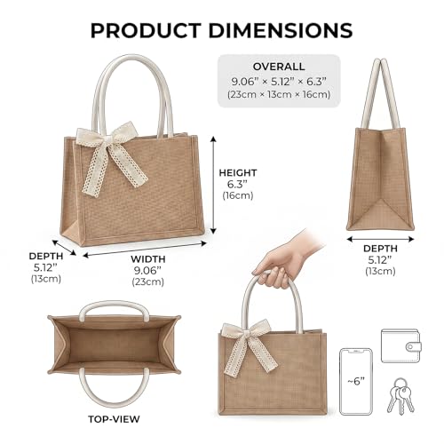 Lifory small beige burlap tote bag with handles and removable lace bows, reusable grocery bag for weddings and special occasions