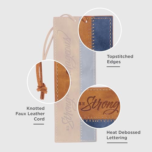Christian Art Gifts Faux Leather Scripture Bookmark: Strong and Courageous Brown/Navy - Be Strong